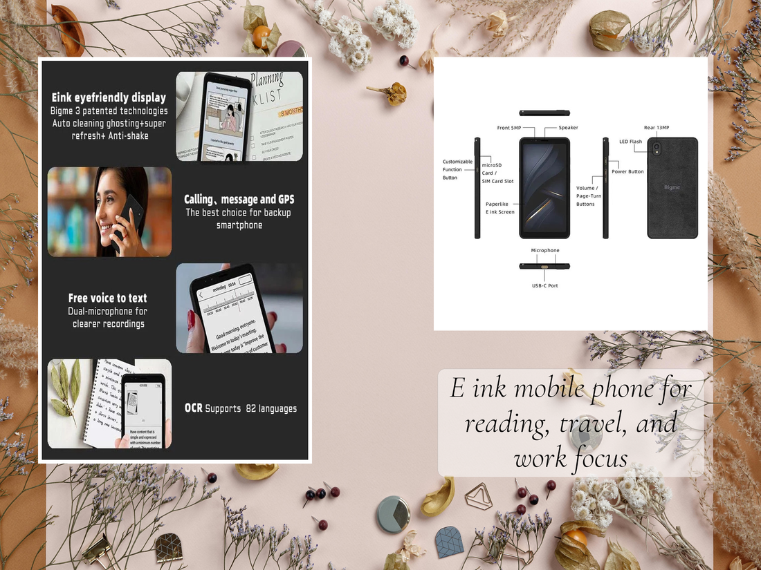 E ink mobile phone for reading, travel, and work focus