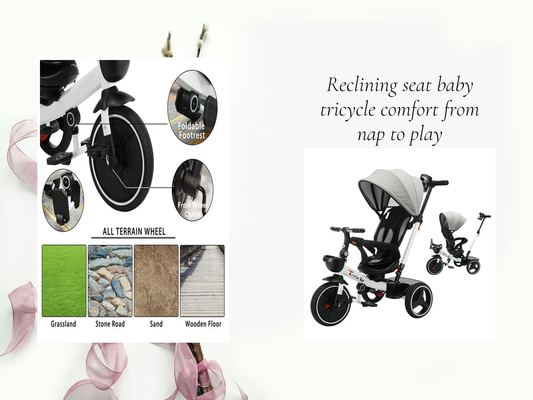 Reclining seat baby tricycle comfort from nap to play