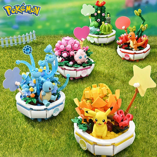 New Pokemon Building Block Pikachu Charmander Squirtle Model Toy Home Decoration Plant Potted Flower Brick Girl Toy Child Gift