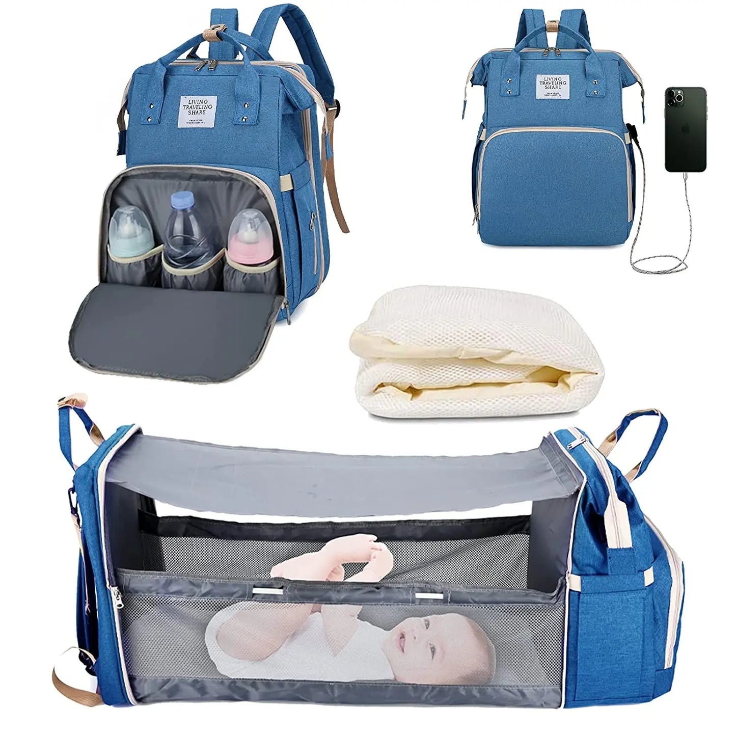 3-in-1 Diaper Bag Backpack with Foldable Baby Bed & USB Port