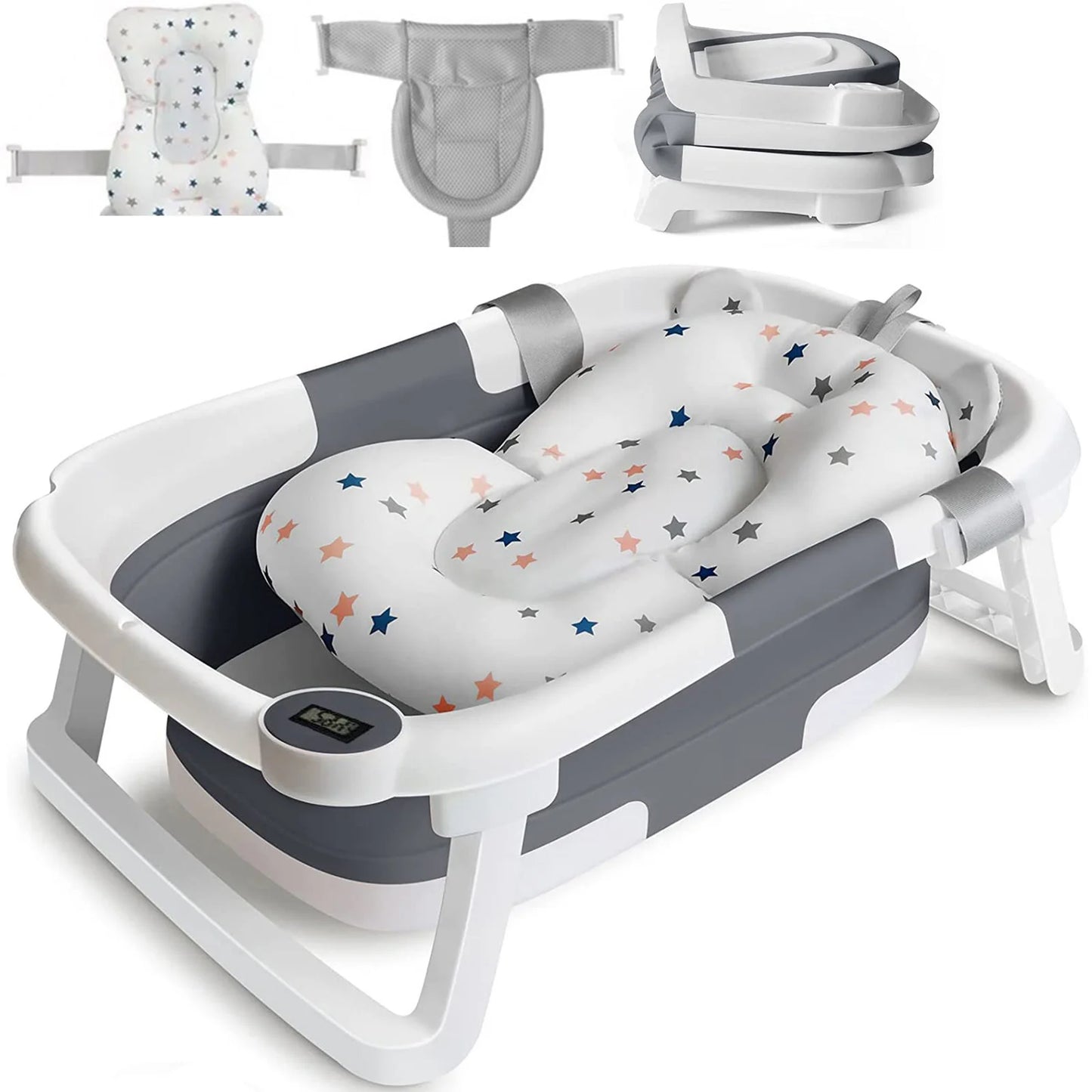 Baby Bath Tub with Cushion – Foldable & Thermometer Safe