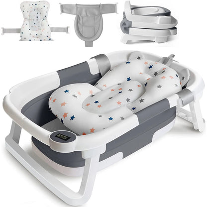 Baby Bath Tub with Cushion – Foldable & Thermometer Safe