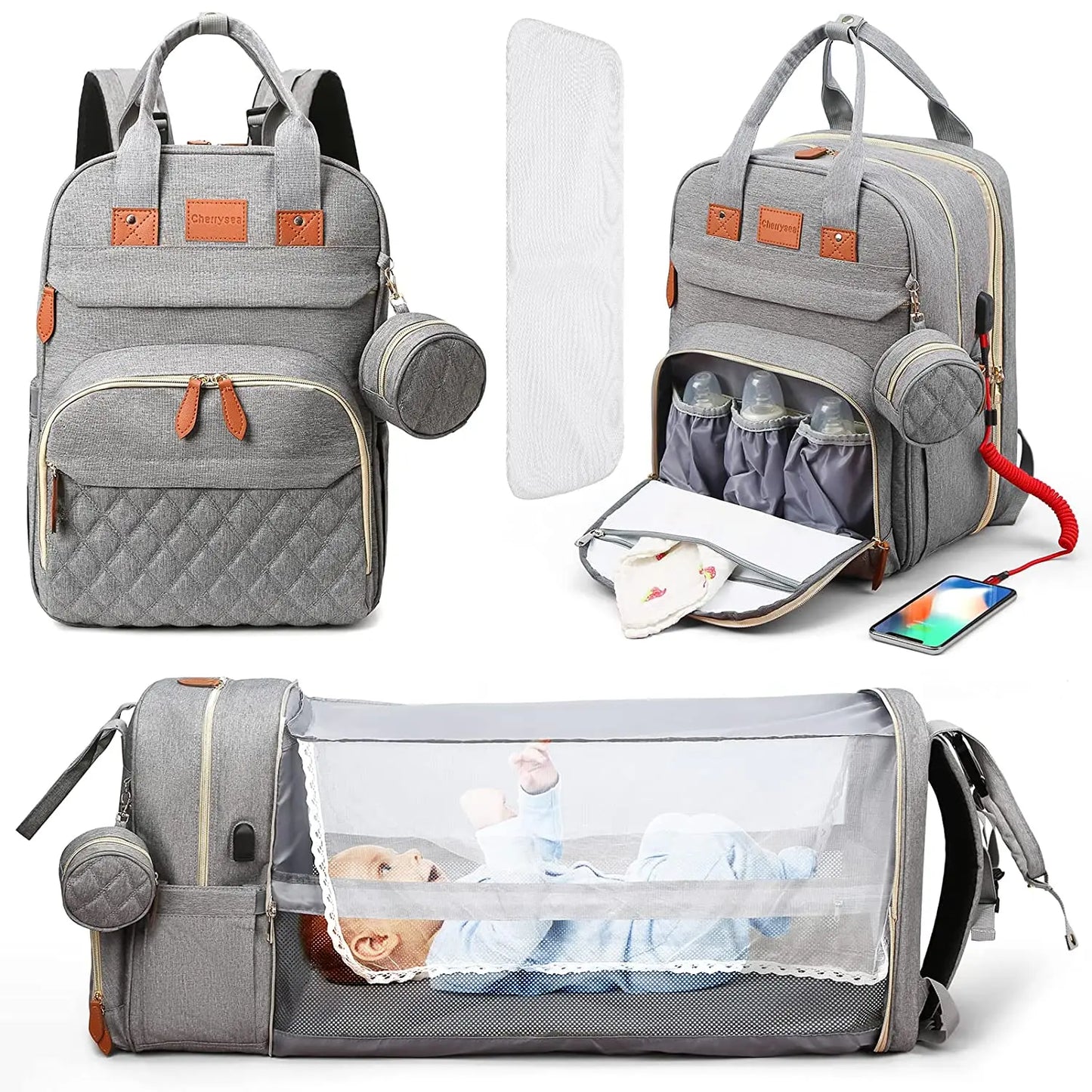 3-in-1 Diaper Bag Backpack with Foldable Baby Bed & USB Port
