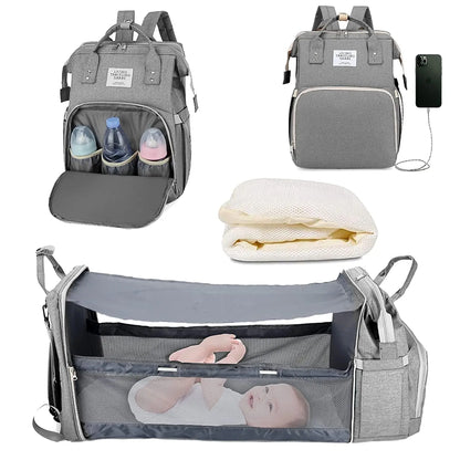 3-in-1 Diaper Bag Backpack with Foldable Baby Bed & USB Port