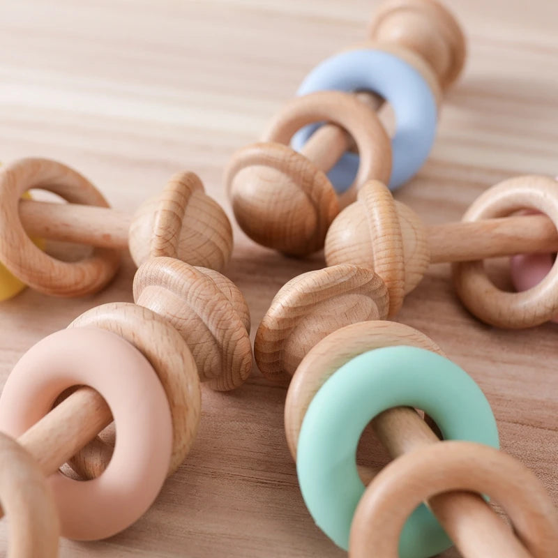 Baby Wooden Rattles Silicone Ring – Safe Teething Toy