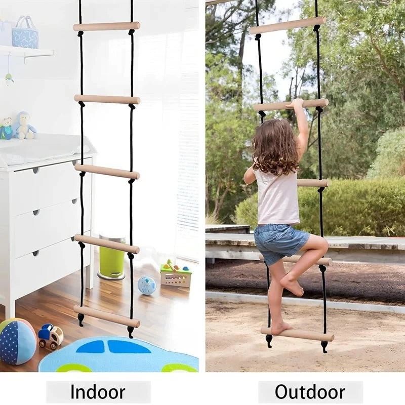 Child developing gross motor skills by climbing rope ladder outdoors