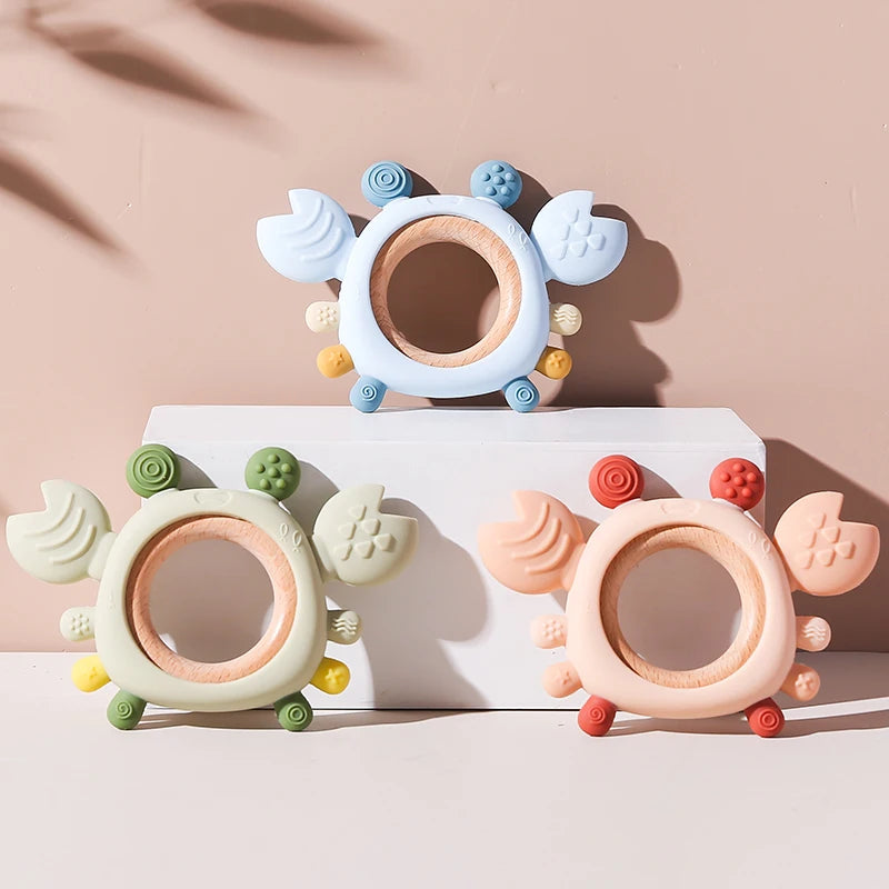 Silicone Baby Teether – Crab Wooden Ring for Gum Relief