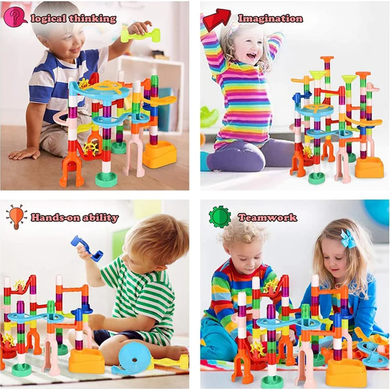 Advanced marble run with loops and vertical drops built using modular blocks