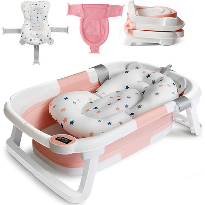 Baby Bath Tub with Cushion – Foldable & Thermometer Safe