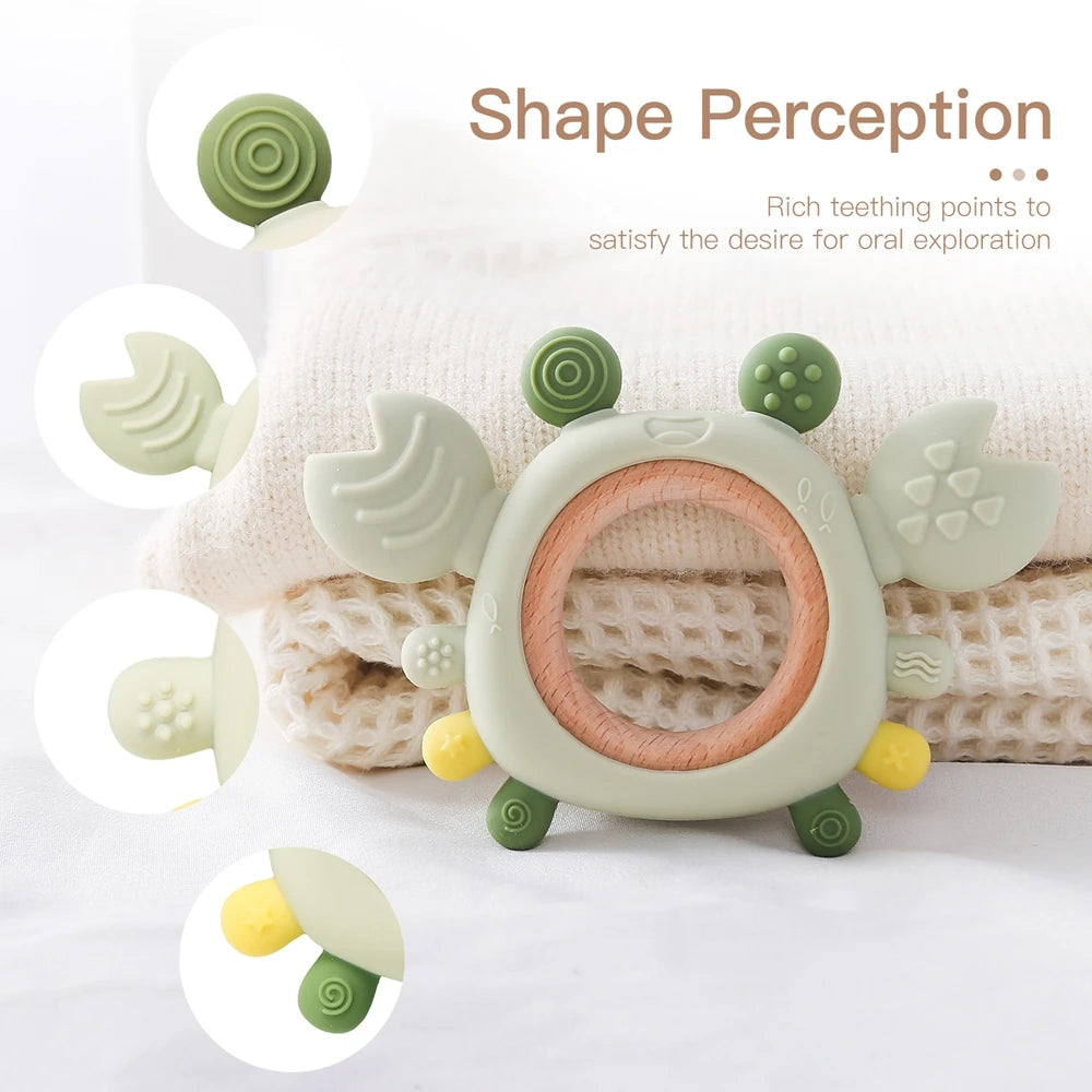 Silicone Baby Teether – Crab Wooden Ring for Gum Relief