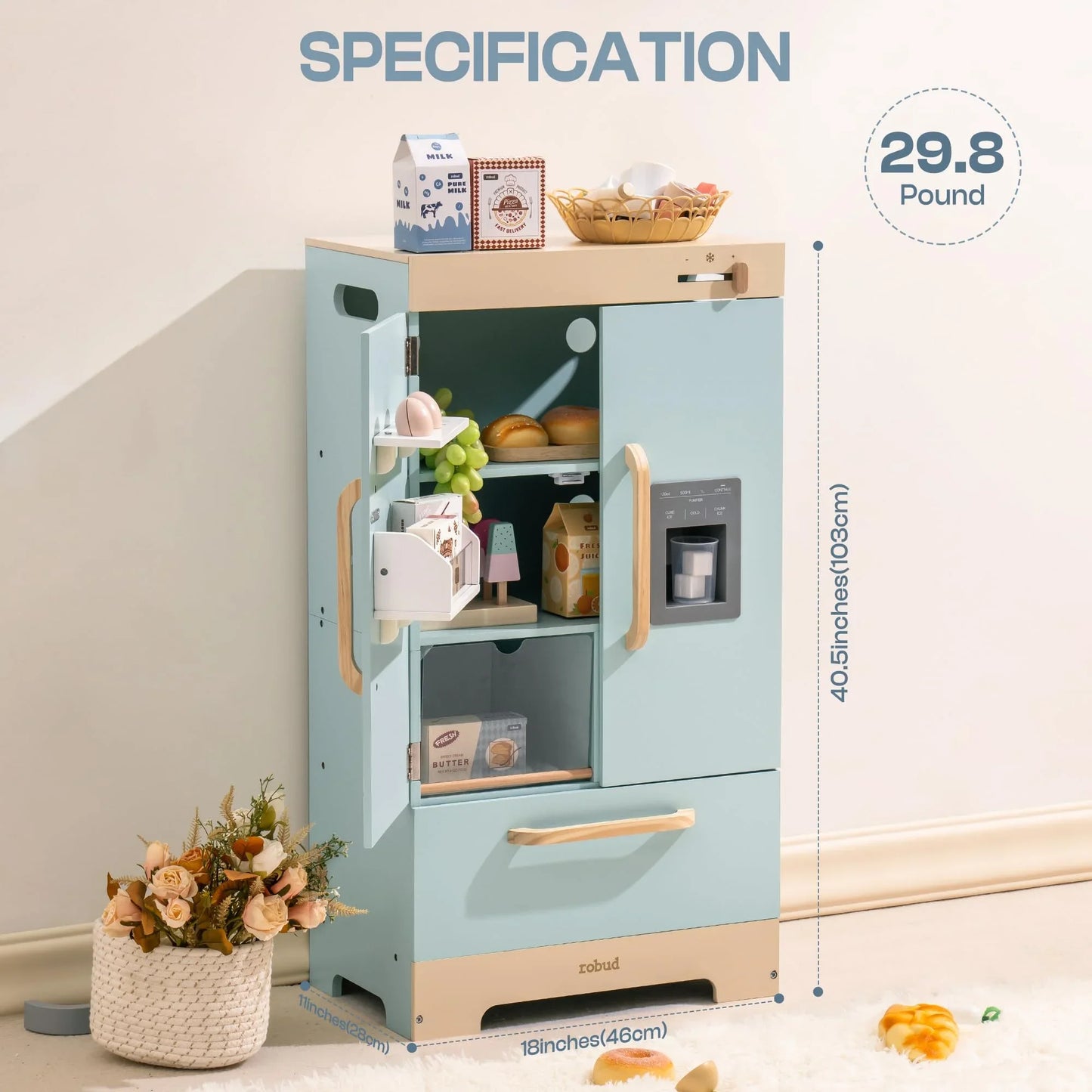 Wooden Play Kitchen Fridge with Ice Dispenser for Kids