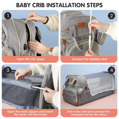 3-in-1 Diaper Bag Backpack with Foldable Baby Bed & USB Port