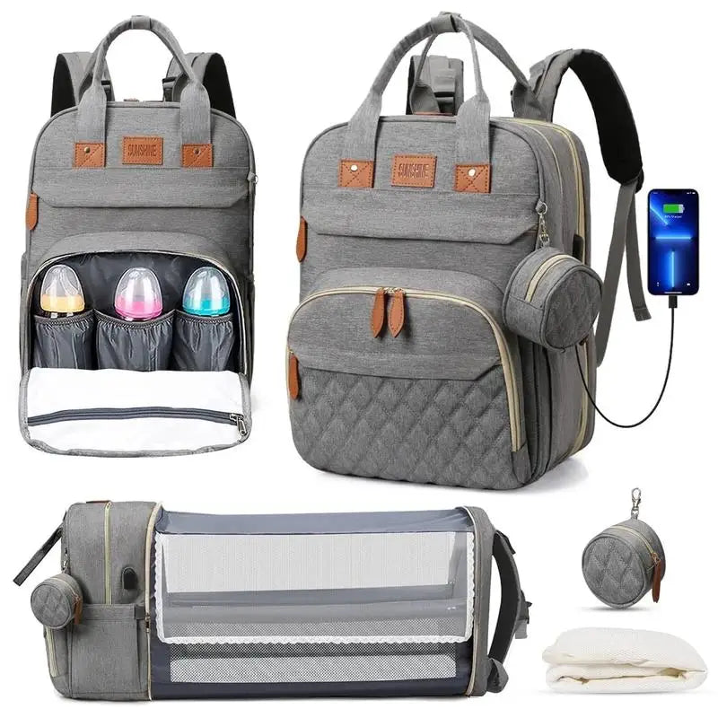 3-in-1 Diaper Bag Backpack with Foldable Baby Bed & USB Port