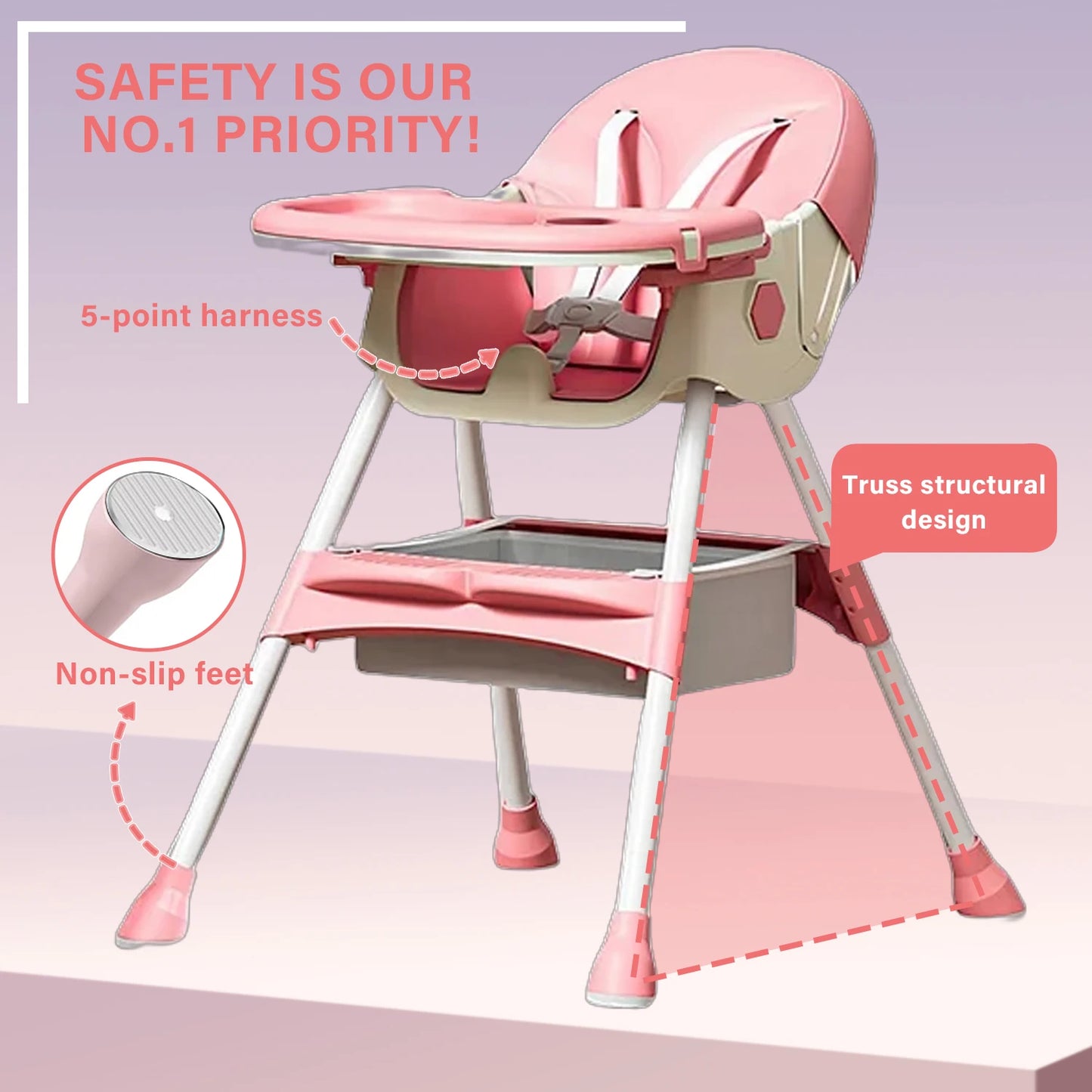 Foldable Baby High Chair – 4-in-1 Safe Reclining Seat