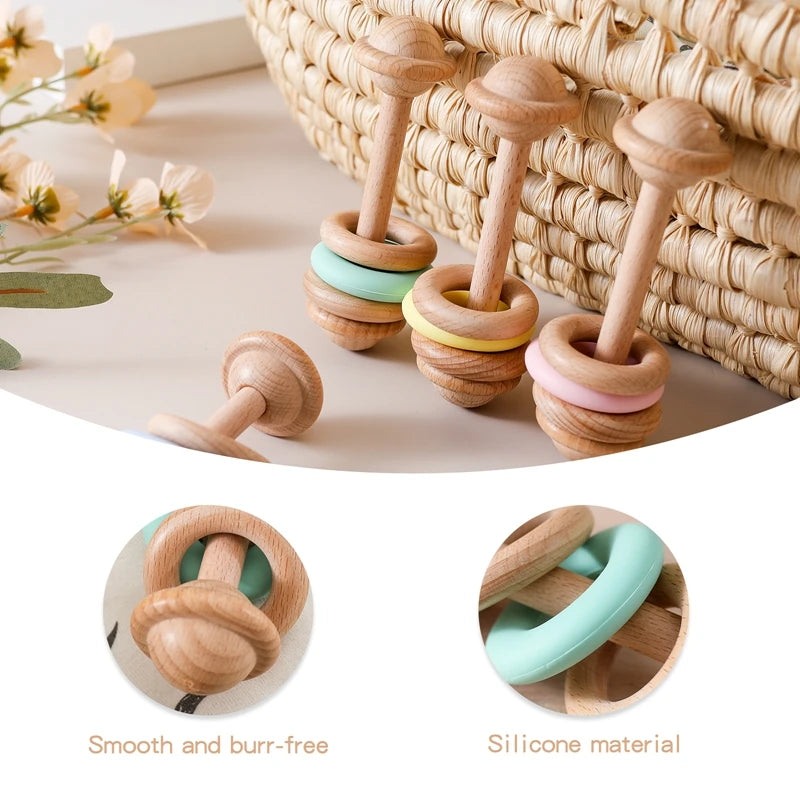 Baby Wooden Rattles Silicone Ring – Safe Teething Toy