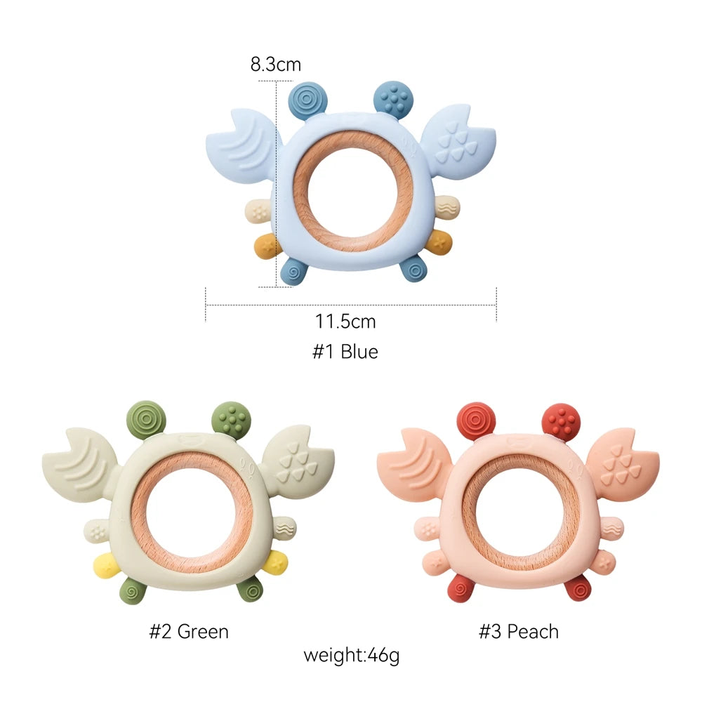 Silicone Baby Teether – Crab Wooden Ring for Gum Relief