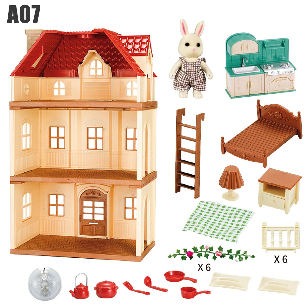 Forest Family Dollhouse Furniture Set – 3-Story Play Villa