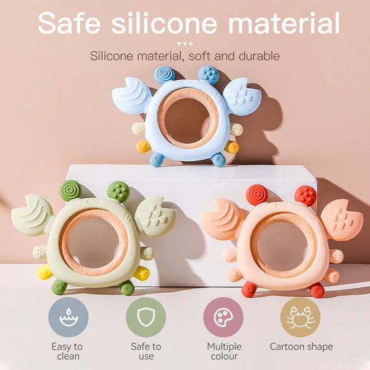 Silicone Baby Teether – Crab Wooden Ring for Gum Relief