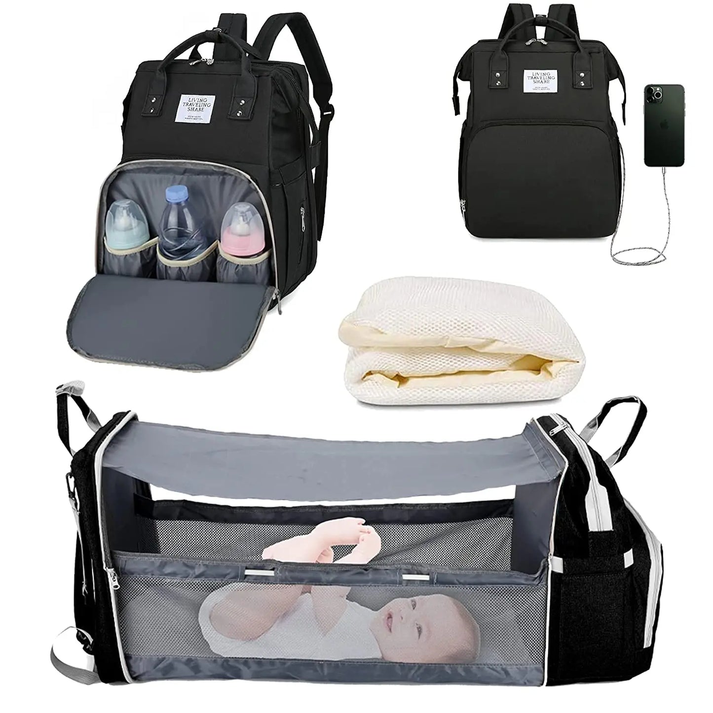3-in-1 Diaper Bag Backpack with Foldable Baby Bed & USB Port