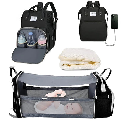 3-in-1 Diaper Bag Backpack with Foldable Baby Bed & USB Port