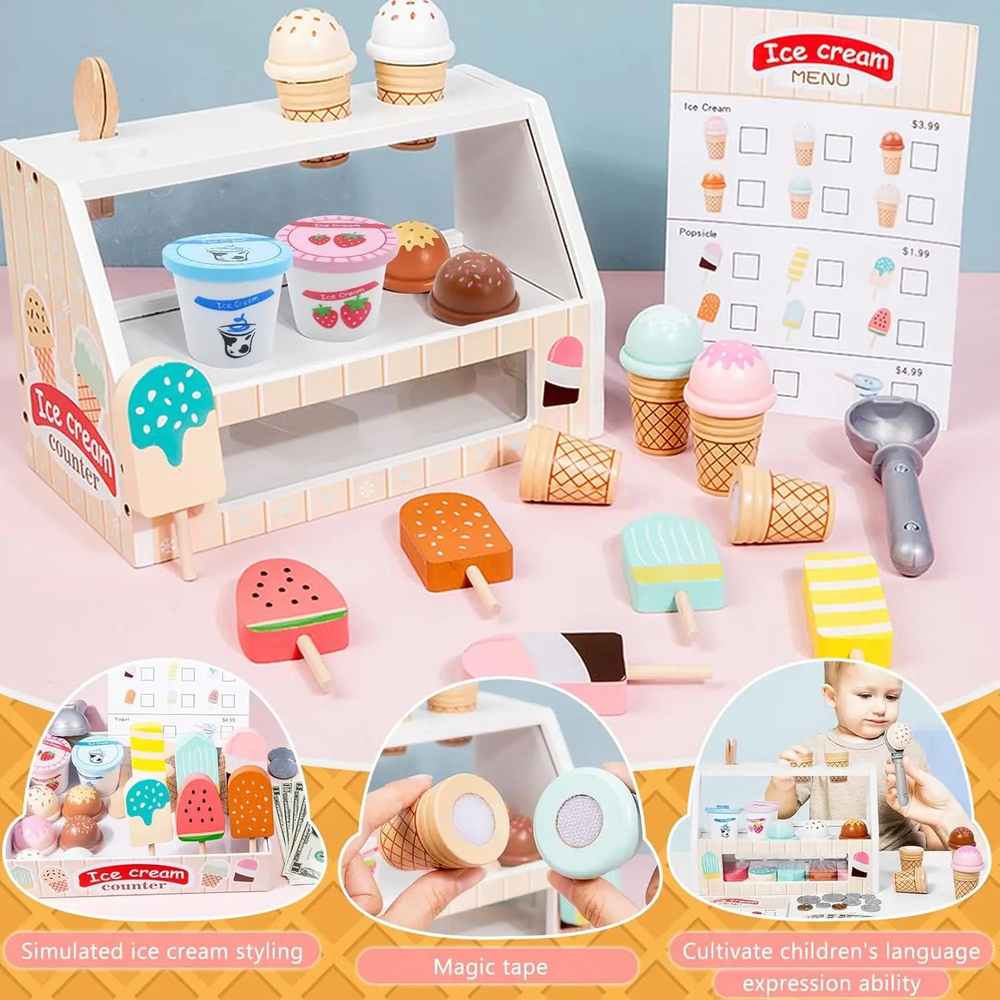 Ice Cream Counter Playset for Kids – Montessori Role Play Fun