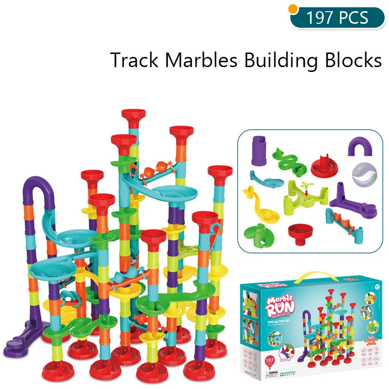 Detailed marble run building blocks set showing interlocking track pieces