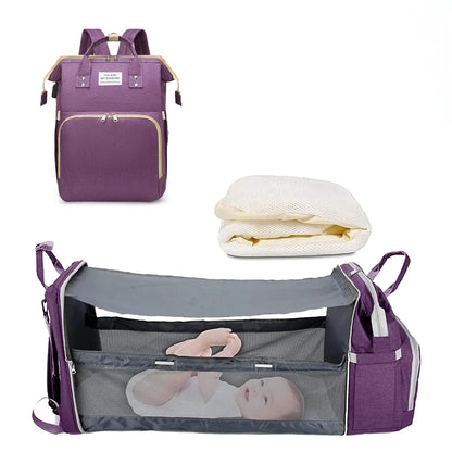 3-in-1 Diaper Bag Backpack with Foldable Baby Bed & USB Port