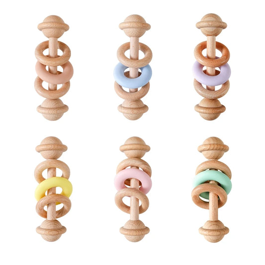 Baby Wooden Rattles Silicone Ring – Safe Teething Toy