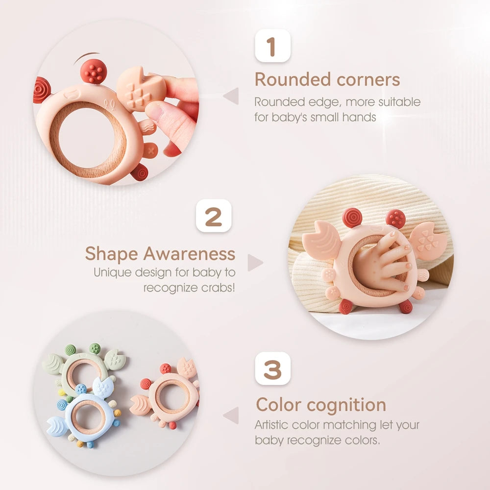 Silicone Baby Teether – Crab Wooden Ring for Gum Relief