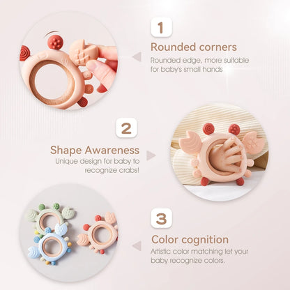 Silicone Baby Teether – Crab Wooden Ring for Gum Relief