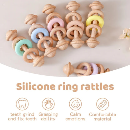 Baby Wooden Rattles Silicone Ring – Safe Teething Toy