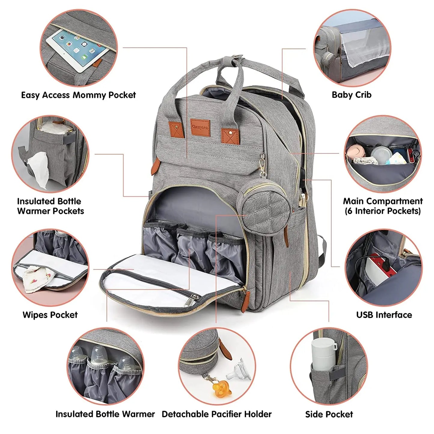 3-in-1 Diaper Bag Backpack with Foldable Baby Bed & USB Port