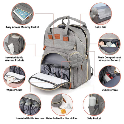 3-in-1 Diaper Bag Backpack with Foldable Baby Bed & USB Port